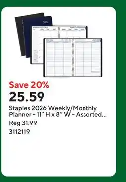 Staples Staples 2026 Weekly/Monthly Planner - 11 H x 8 W - Assorted Colours - Bilingual offer