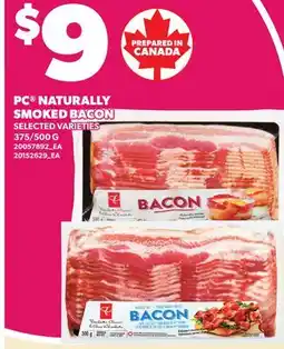 Loblaws PC NATURALLY SMOKED BACON, 375/500 G offer