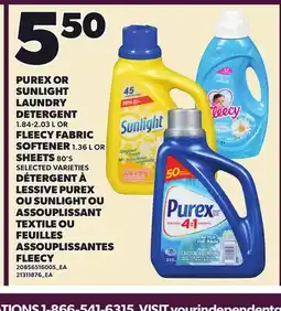 Independent Grocer PUREX OR SUNLIGHT LAUNDRY DETERGENT, 1.84-2.03 L OR FLEECY FABRIC SOFTENER, 1.36 L OR SHEETS, 80'S offer