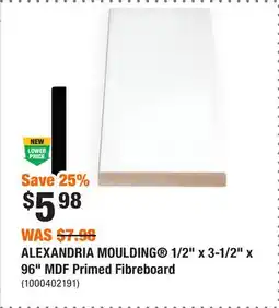 Home Depot ALEXANDRIA MOULDING 1/2 x 3-1/2 x 96 MDF Primed Fibreboard offer