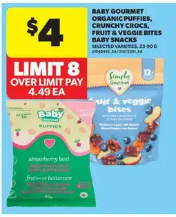 Real Canadian Superstore BABY GOURMET ORGANIC PUFFIES, CRUNCHY CROCS, FRUIT & VEGGIE BITES BABY SNACKS, 23-90 G offer