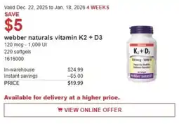 Costco Webber naturals vitamin K2 + D3 offer