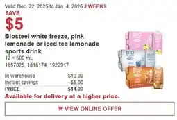 Costco Biosteel white freeze, pink lemonade or iced tea lemonade sports drink offer