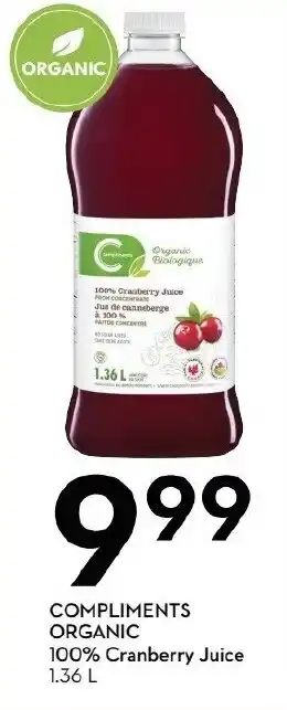 Sobeys Compliments organic 100% cranberry juice offer