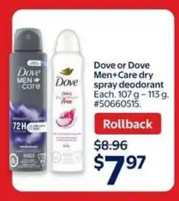 Walmart Dove or Dove Men+Care dry spray deodorant offer