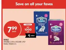 Shoppers Drug Mart ROYALE ORIGINAL 2-PLY or VELOUR 3-PLY FACIAL TISSUES 6's offer