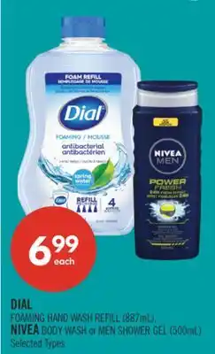 Shoppers Drug Mart DIAL FOAMING HAND WASH REFILL (887mL), NIVEA BODY WASH or MEN SHOWER GEL (500mL) offer