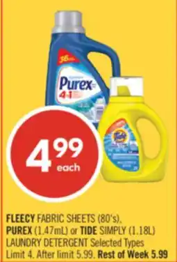 Shoppers Drug Mart FLEECY FABRIC SHEETS (80's), PUREX (1.47mL) or TIDE SIMPLY (1.18L) LAUNDRY DETERGENT offer