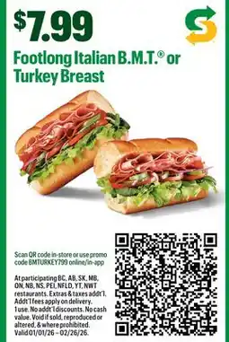Subway Footlong Italian B.M.T. or Turkey Breast offer
