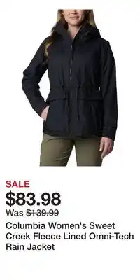 Mark's Columbia Women's Sweet Creek Fleece Lined Omni-Tech Rain Jacket offer