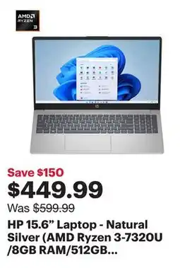 Best Buy HP 15.6 Laptop - Natural Silver (AMD Ryzen 3-7320U /8GB RAM/512GB SSD/Windows 11) offer