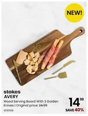 Stokes AVERY Wood Serving Board With 3 Golden Knives offer