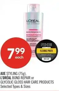 Shoppers Drug Mart Axe styling, l'oréal bond repair or glycolic gloss hair care products offer
