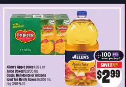FreshCo Allen's Apple Juice 1.89 L or Juice Boxes 8x200 mL Oasis, Del Monte or Arizona Iced Tea Drink Boxes offer
