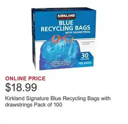 Costco Kirkland Signature Blue Recycling Bags with drawstrings Pack of 100 offer