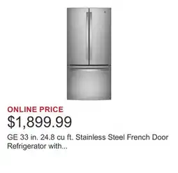 Costco GE 33 in. 24.8 cu ft. Stainless Steel French Door Refrigerator with Internal Water Dispenser offer
