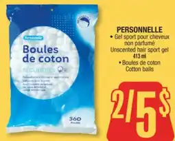 Jean Coutu PERSONNELLE Unscented hair sport gel, Cotton balls offer