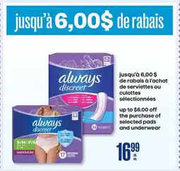 Jean Coutu ALWAYS SELECTED PADS AND UNDERWEAR offer