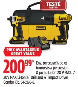 Canadian Tire DEWALT 20V MAX Li-Ion 1⁄2˝ Drill and 1⁄4˝ Impact Driver Combo Kit offer