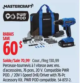Canadian Tire Mastercraft 20V 1-Speed Drill/Driver with 76-Pc Accessory Kit offer