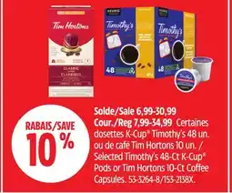 Canadian Tire Selected Timothy's 48-Ct K-Cup Pods or Tim Hortons 10-Ct Coffee Capsules offer