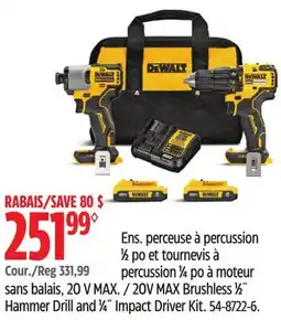 Canadian Tire Dewalt 20V MAX Brushless 1⁄2˝ Hammer Drill and 1⁄4˝ Impact Driver Kit offer