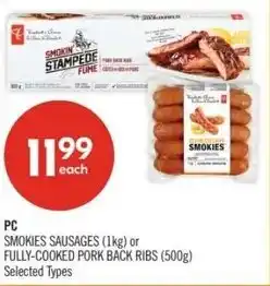 Shoppers Drug Mart PC smokies sausages or fully-cooked pork back ribs offer