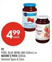 Shoppers Drug Mart PC pure, blue menu jam or nature's path cereal offer