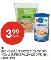Shoppers Drug Mart PC blue menu old fashioned steel cut oats or organics rolled quick oats offer