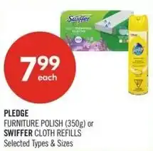 Shoppers Drug Mart Pledge furniture polish or swiffer cloth refills offer