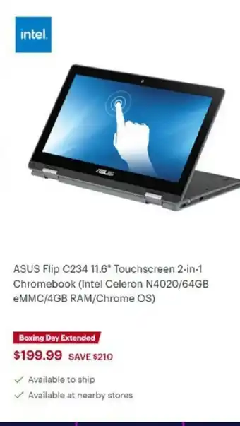 Best Buy ASUS Flip C234 11.6" Touchscreen 2-in-1 Chromebook (Intel Celeron N4020/64GB eMMC/4GB Ram/Chrome OS) offer