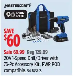 Canadian Tire 20V 1-Speed Drill/Driver with 76-Pc Accessory Kit. PWR POD compatible offer