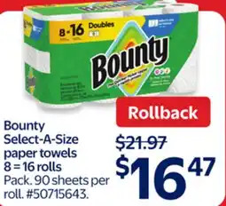 Walmart Bounty Select-A-Size paper towels 8=16 rolls offer
