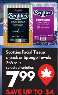 Longo's Scotties Facial Tissue 6 pack or Sponge Towels 3 = 6 rolls offer
