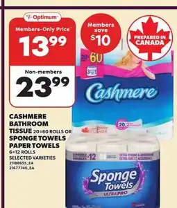 Loblaws CASHMERE BATHROOM TISSUE, 20=60 ROLLS OR SPONGE TOWELS PAPER TOWELS, 6=12 ROLLS offer