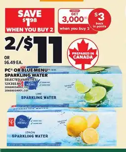 Loblaws PC OR BLUE MENU SPARKLING WATER offer