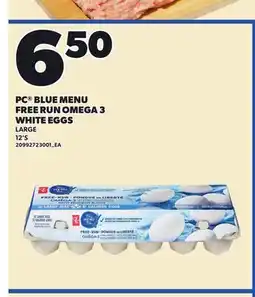 Loblaws PC BLUE MENU FREE RUN OMEGA 3 WHITE EGGS, 12's offer