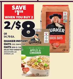 Loblaws QUAKER INSTANT OATS, 232-344 G OR OATS, 900 G-1 KG offer