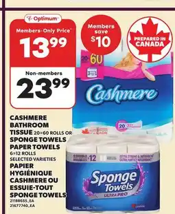 Independent Grocer CASHMERE BATHROOM TISSUE, 20=60 ROLLS OR SPONGE TOWELS PAPER TOWELS, 6=12 ROLLS offer
