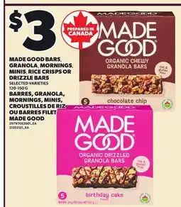 Independent Grocer MADE GOOD BARS, GRANOLA,, MORNINGS, MINIS, RICE CRISPS OR DRIZZLE BARS offer