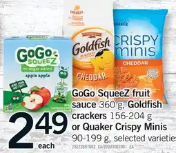 Fortinos GOGO SQUEEZ FRUIT SAUCE 360 G, GOLDFISH CRACKERS 156-204 G OR QUAKER CRISPY MINIS 90-199 G offer