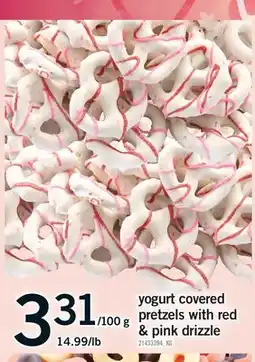 Fortinos YOGURT COVERED PRETZELS WITH RED & PINK DRIZZLE, 14.99/ lb offer