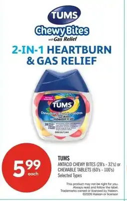 Shoppers Drug Mart Tums antacid chewy bites or chewable tablets offer