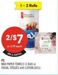 Shoppers Drug Mart PC max paper towels or facial tissues with lotion offer