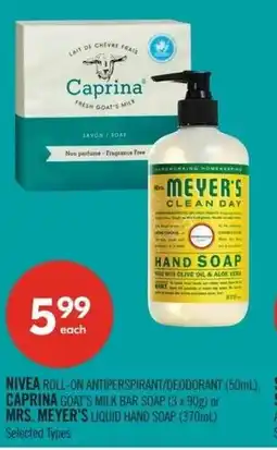 Shoppers Drug Mart Nivea roll-on antiperspirant/deodorant, caprina goat's milk bar soap or mrs. meyer's liquid hand soap offer