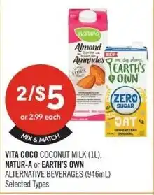 Shoppers Drug Mart Vita coco coconut milk, natur-a or earth's own alternative beverages offer