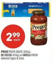 Shoppers Drug Mart Prego pasta sauce, de cecco or catelli pasta offer