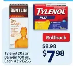 Walmart Tylenol 20s or Benylin 100 mL offer