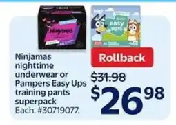 Walmart Ninjamas nighttime underwear or Pampers Easy Ups training pants superpack offer