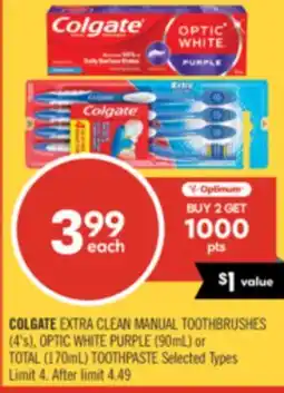 Shoppers Drug Mart COLGATE EXTRA CLEAN MANUAL TOOTHBRUSHES (4's), OPTIC WHITE PURPLE (90mL) or TOTAL (170mL) TOOTHPASTE offer